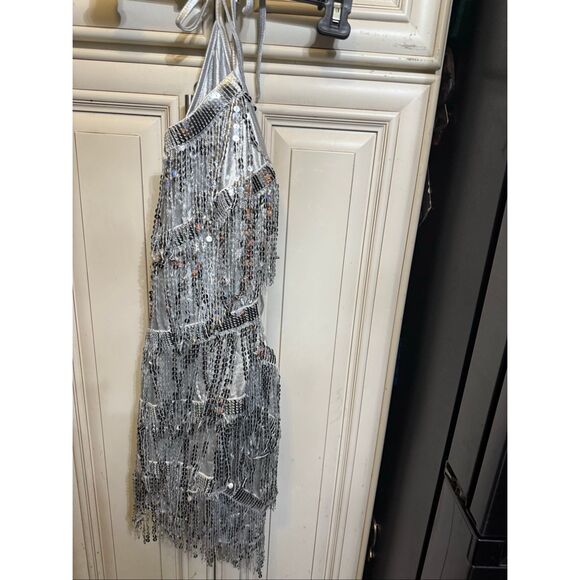 Women's Embellished Sequin Open Back Halter Sleeveless Beyonce Dress Silver XS - Picture 9 of 9